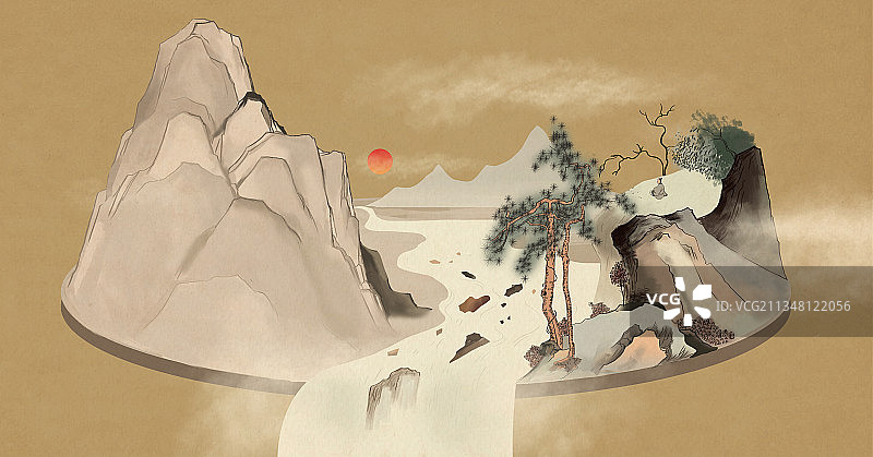 中国风3D立体仿古山水画复古中国画青绿山水古风意境背景插画图片素材