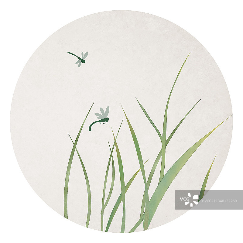 圆形中国风插画草丛蜻蜓图片素材