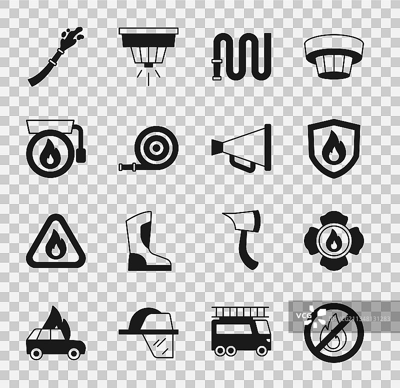 禁止烟火标志、消防员防护盾与消防水管合集图片素材