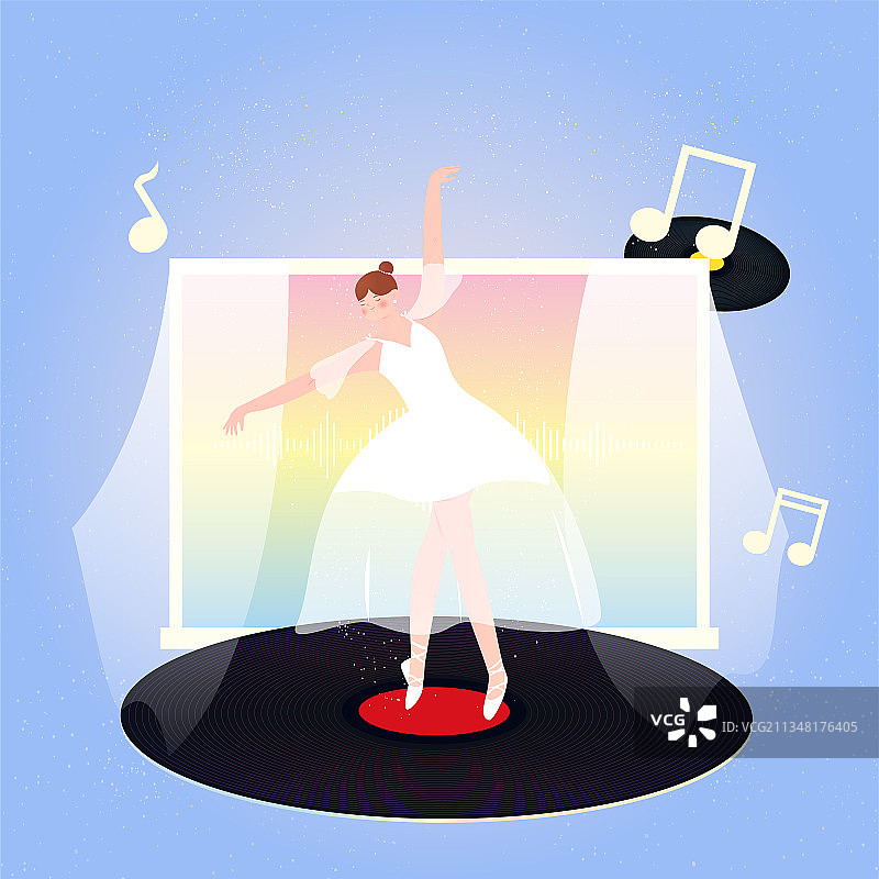 美丽的女孩在黑胶片上跳芭蕾舞矢量插画图片素材