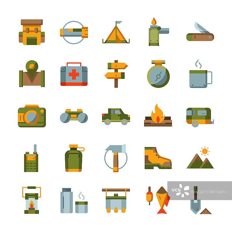 扁平风格徒步露营图标套装图片素材