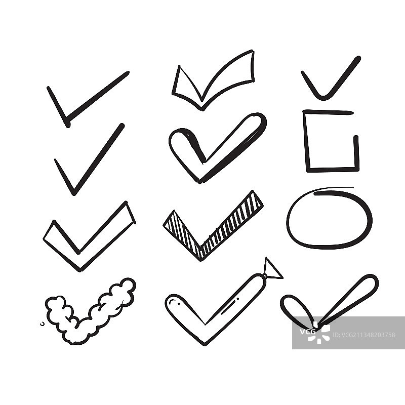 手绘涂鸦复选标记图标集合符号图片素材