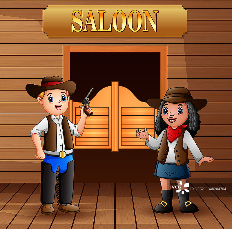 站在酒吧前的牛仔和女牛仔图片素材