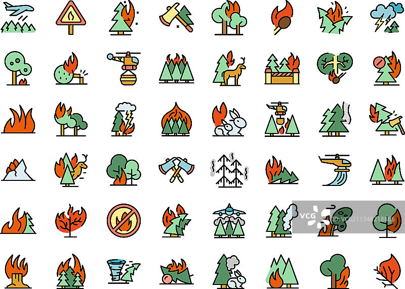 燃烧的森林图标扁平集图片素材