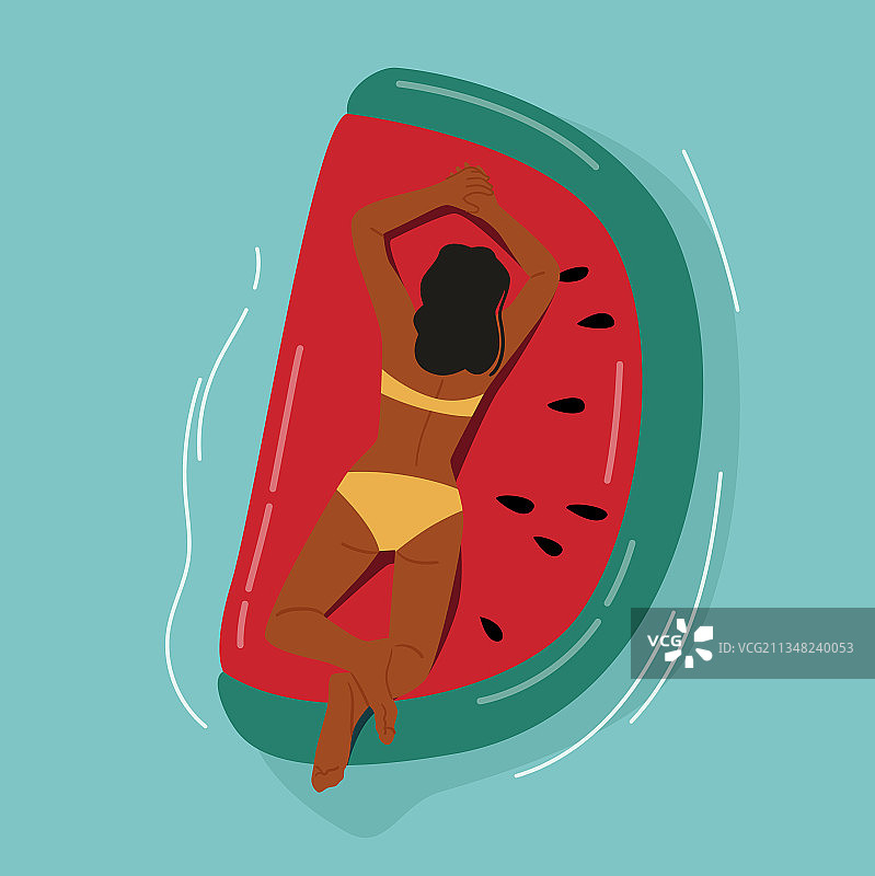 女性角色躺在充气床垫上图片素材