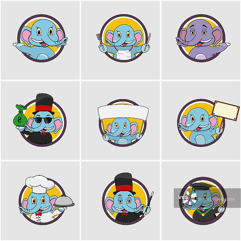 可爱大象头像圆形标签合集图片素材