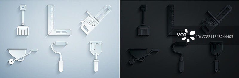 油漆滚筒刷、油锯、手推车套装图片素材