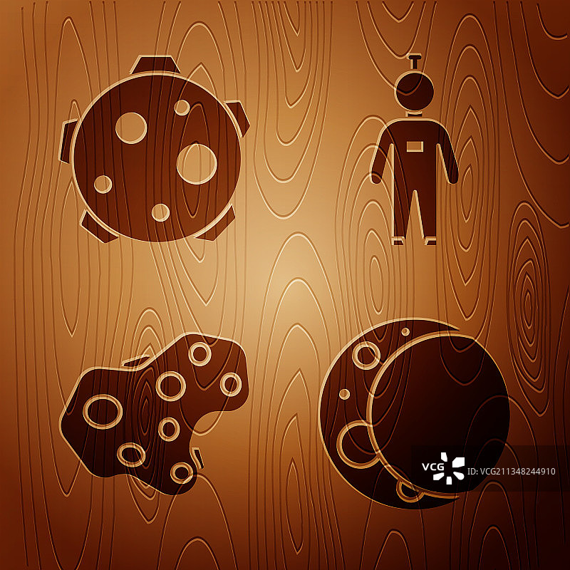 月亮行星小行星和宇航员木制合集图片素材