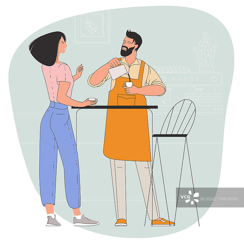 咖啡师将搅打的牛奶倒入咖啡中图片素材