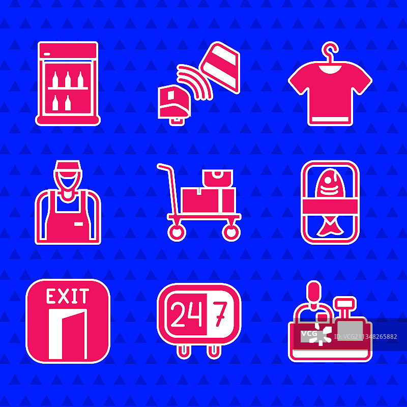 手推车、箱子、24小时时钟与收银员图片素材