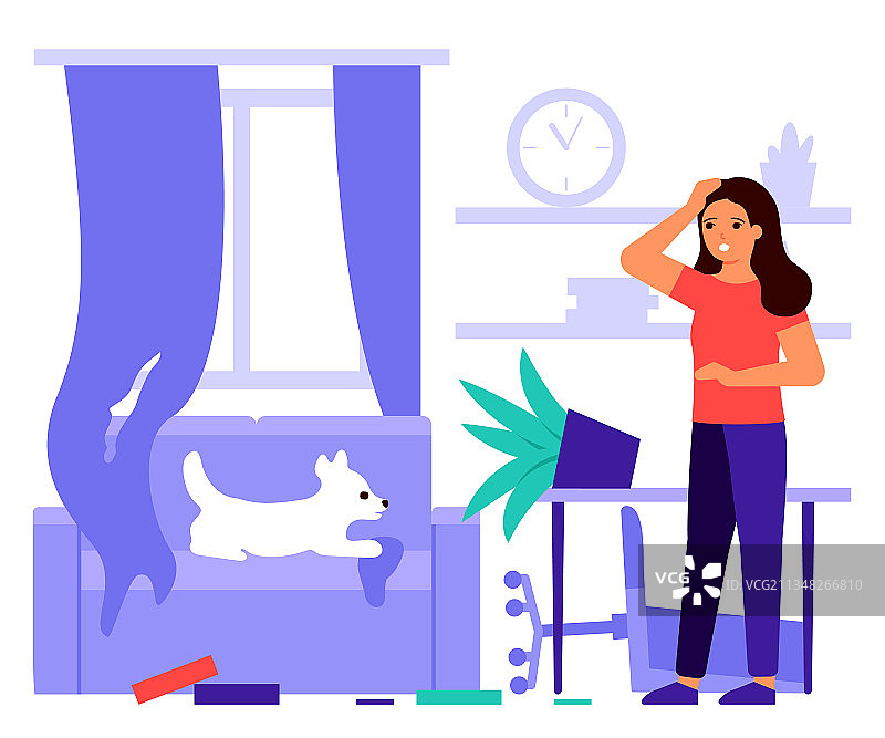 女人惊讶地发现客厅一片狼藉图片素材