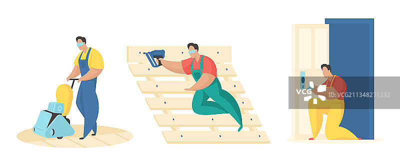 装修木工工作：穿制服的男人在清洁图片素材