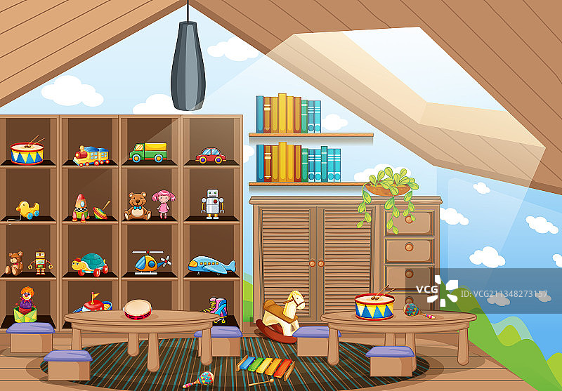 有许多儿童玩具的空幼儿园房间图片素材