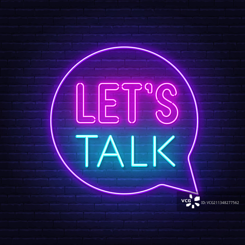 砖墙上语音气泡中的霓虹灯标志：让我们聊聊图片素材