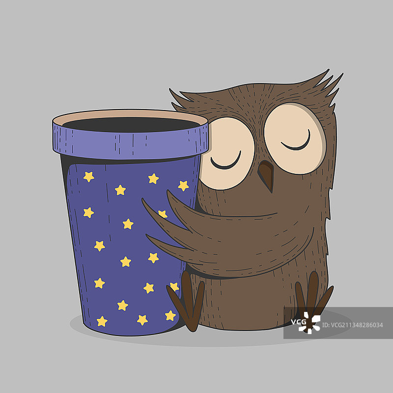卡通猫头鹰抱着咖啡杯睡觉图片素材