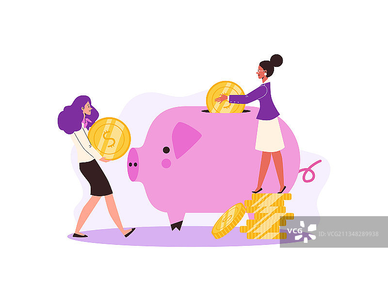 快乐的女人将金币放入小猪储蓄罐图片素材