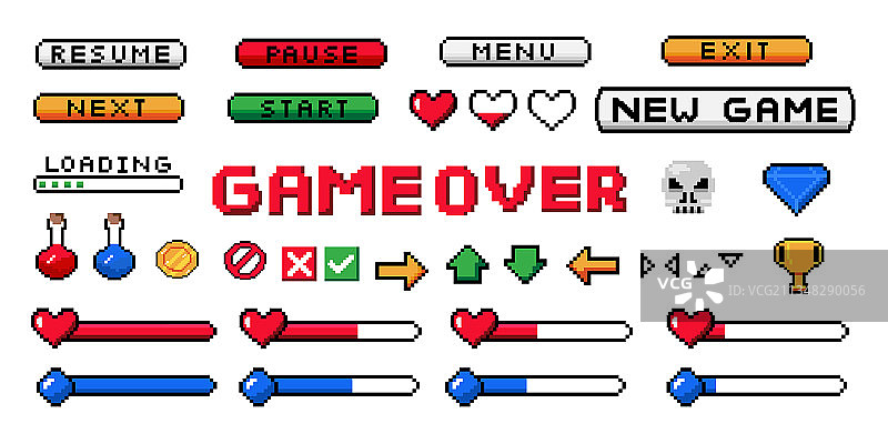 像素游戏UI 8位界面按钮和箭头图片素材