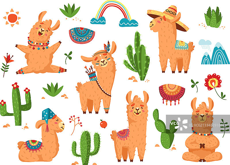 卡通羊驼与仙人掌图片素材