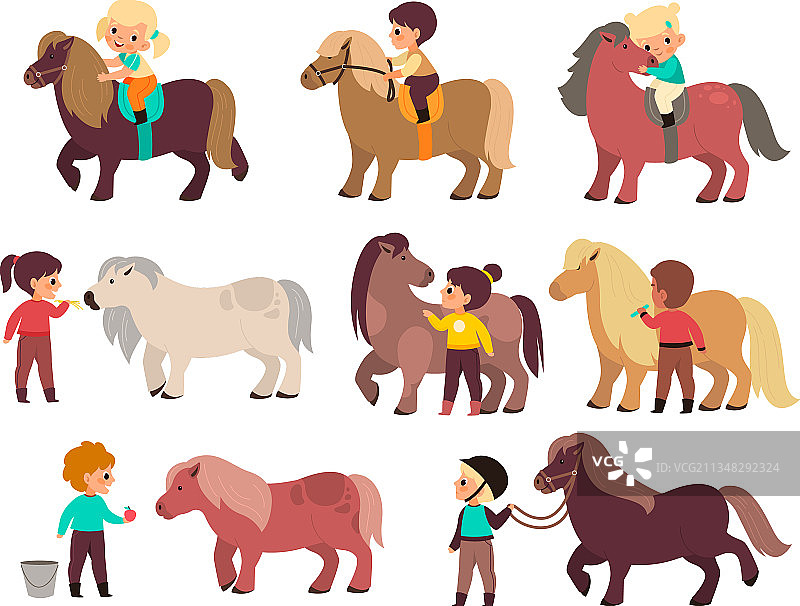 孩子们与可爱的儿童小马合影图片素材