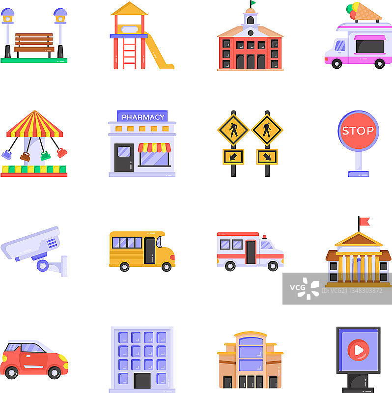 建筑与车辆扁平图标包图片素材
