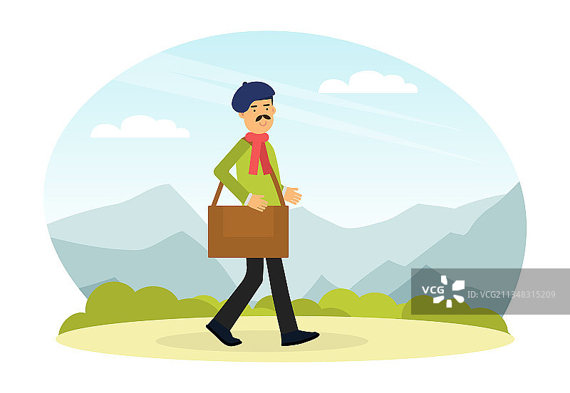 戴贝雷帽的胡子男人艺术家带着画作行走图片素材