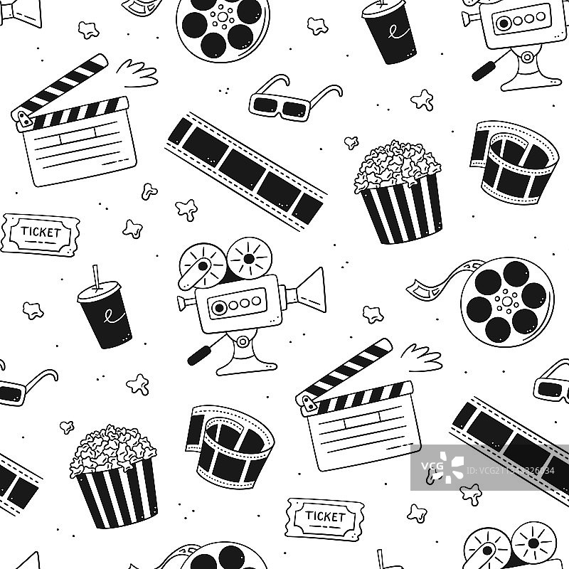手绘电影主题无缝图案与电影元素图片素材
