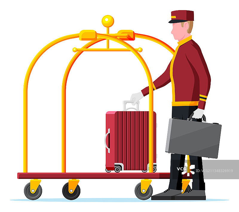 酒店行李车装满行李和行李员图片素材