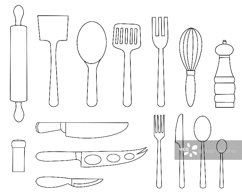 厨房用具和餐具线性合集图片素材