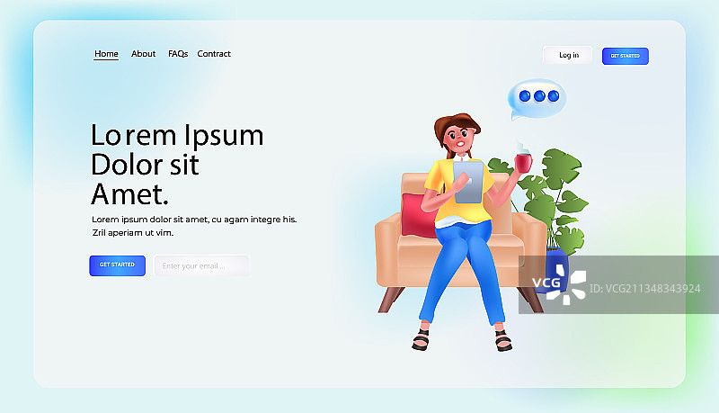 女人在平板电脑上使用在线通讯App图片素材