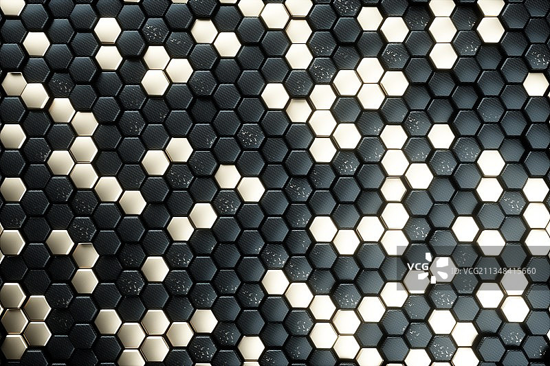 3d渲染的黑金六边形矩阵图片素材