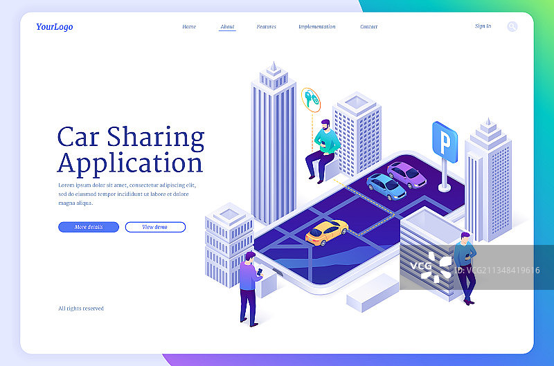 汽车共享应用程序2.5D着陆页图片素材
