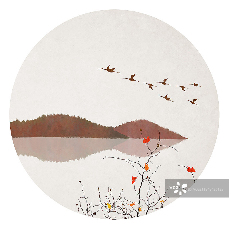 圆形中国风插画大雁南飞图片素材