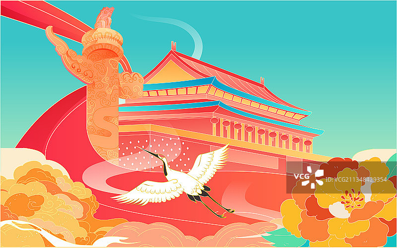 国庆节黄金周城市旅游插画中国风建筑海报图片素材