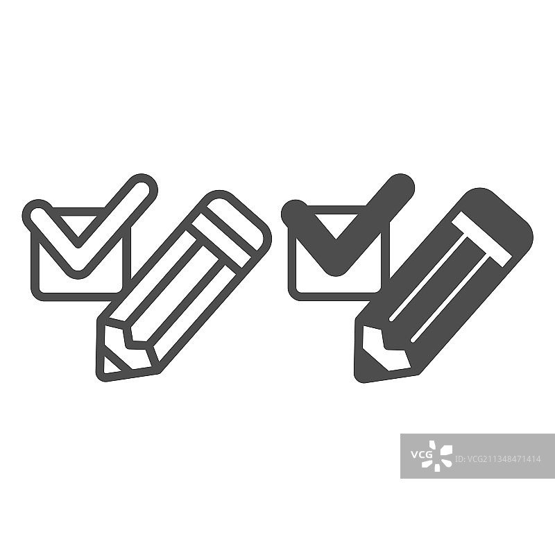 铅笔与复选标记完成线和实心图标图片素材