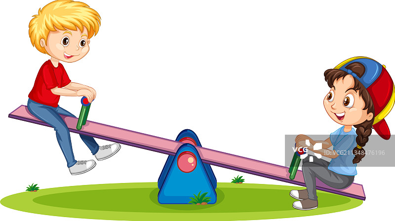 卡通人物男孩和女孩玩跷跷板图片素材