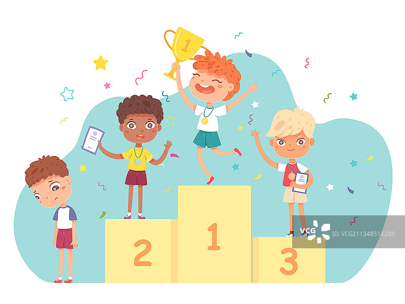 比赛后站在领奖台上的快乐男孩们图片素材