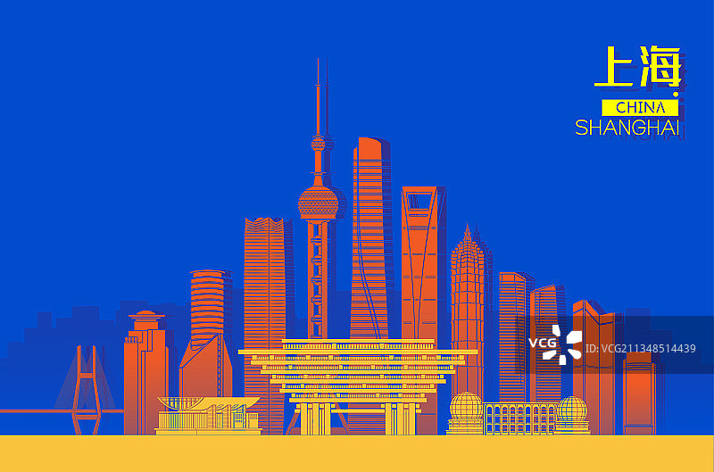 上海城市建筑群天际线矢量插画海报图片素材