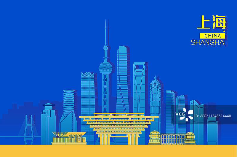 上海城市建筑群天际线矢量插画海报图片素材