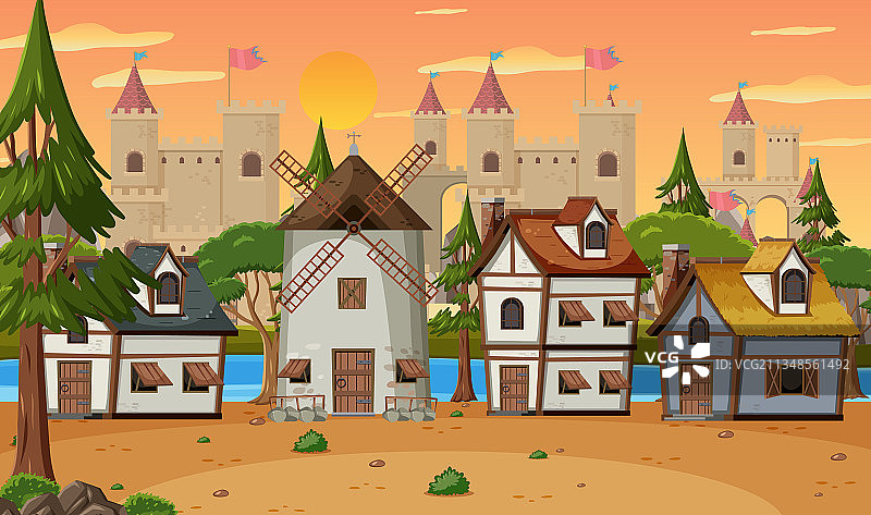带有风车和房屋的中世纪村庄场景图片素材