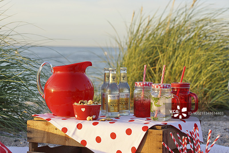 沙滩野餐，提供各种饮品和红色水罐图片素材