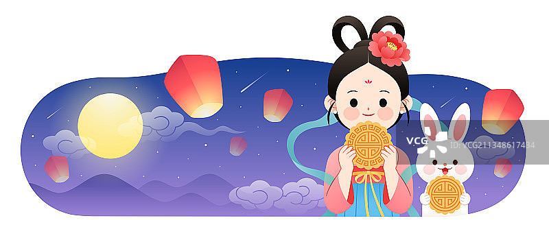 拿着月饼的嫦娥玉兔和月亮夜空等背景图片素材
