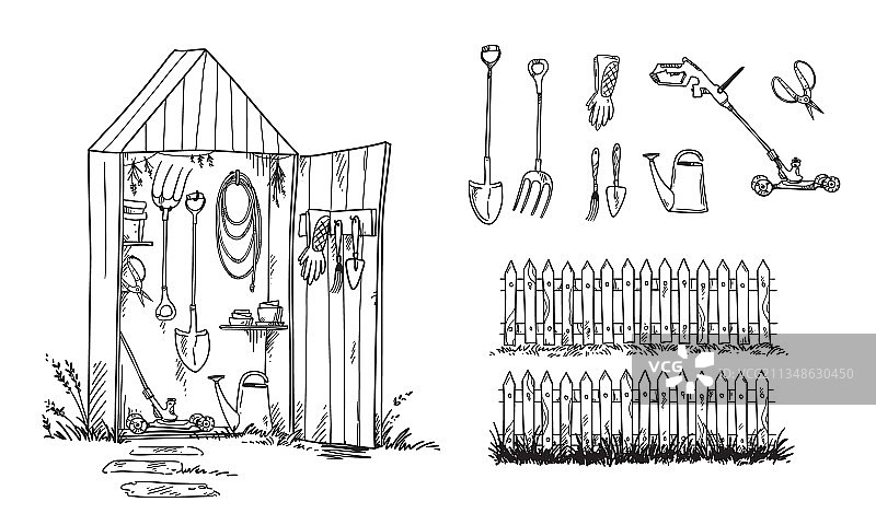 花园棚屋及园艺工具和草坪套装图片素材