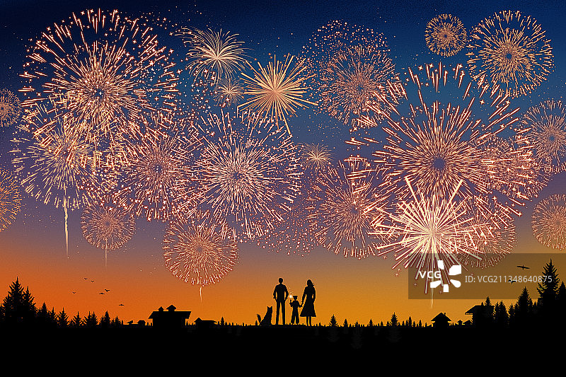户外夜晚看烟花的一家人插画图片素材