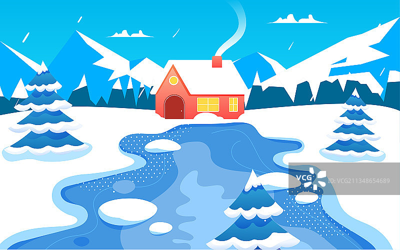 大雪节气插画冬季下雪雪景自然户外湖面海报图片素材