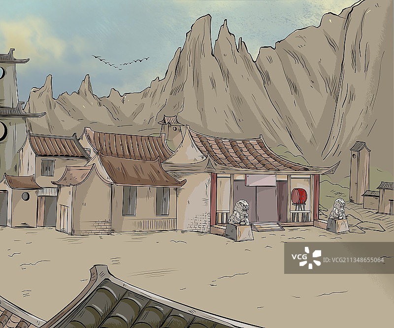 民国风插画乡下山边房屋场景图片素材