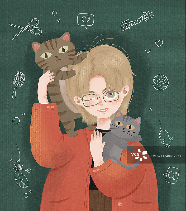 萌宠猫咪合影少女头像儿童故事场景插画图片素材