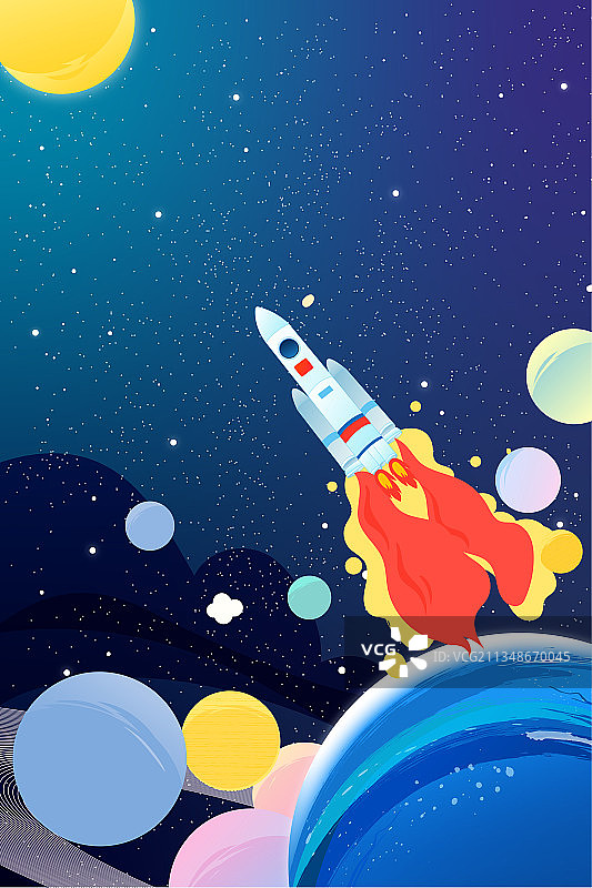 宇航员和宇宙飞船飞向月球矢量插画竖图图片素材
