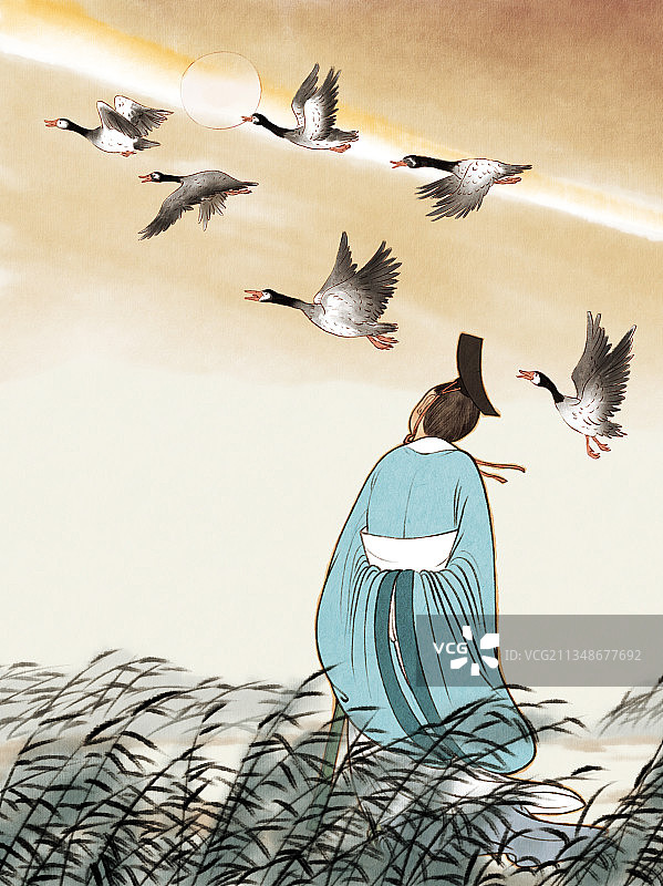 中国风古人侧身看大雁南飞图片素材