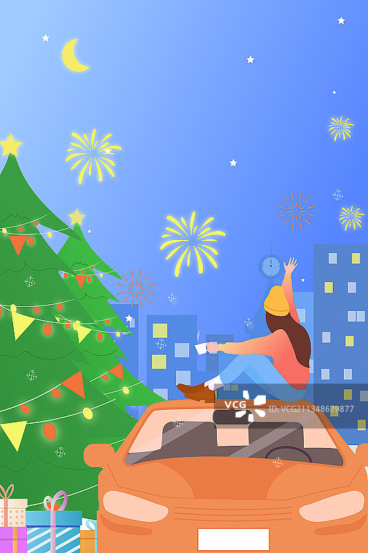坐在车顶庆祝节日的女孩矢量插画图片素材