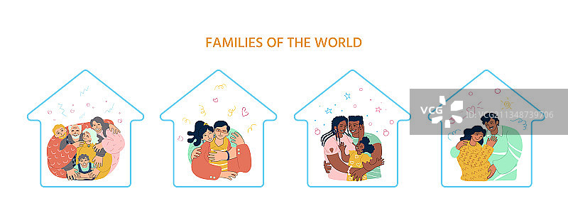 四个幸福家庭的拥抱场景图片素材